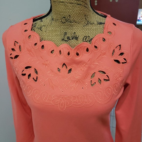 Rafaella Small Petite Coral Peach Blouse Top Cut Out Bodice Like New - Picture 2 of 5